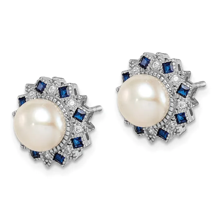 Sterling Silver RHplated FWC PearlSyn Blue SpinelCZ Earrings Goldia Earrings