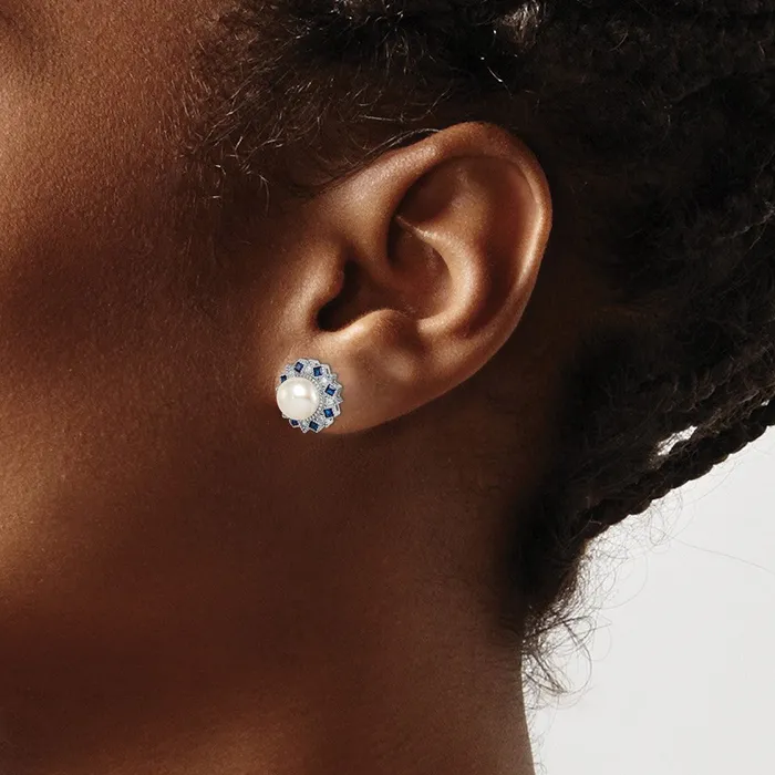 Sterling Silver RHplated FWC PearlSyn Blue SpinelCZ Earrings Goldia Earrings
