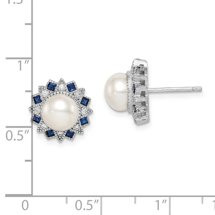 Sterling Silver RHplated FWC PearlSyn Blue SpinelCZ Earrings Goldia Earrings