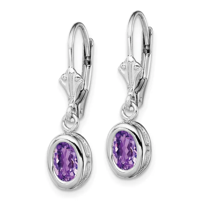 Sterling Silver Rhodium Plated 7x5mm Oval Amethyst Leverback Earrings Goldia Earrings