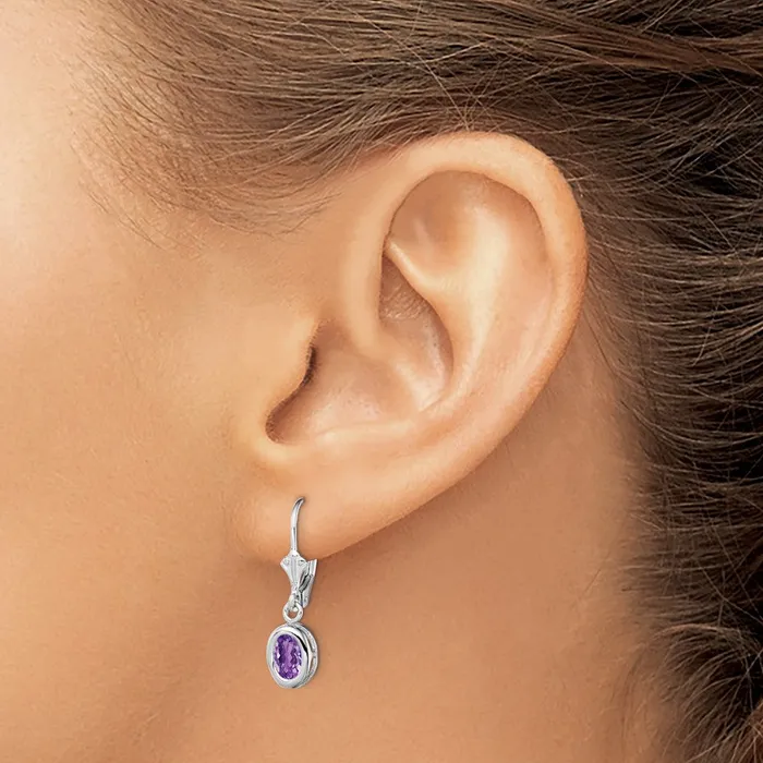 Sterling Silver Rhodium Plated 7x5mm Oval Amethyst Leverback Earrings Goldia Earrings